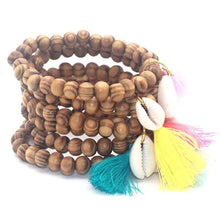 Load image into Gallery viewer, Wood Bead and Cowrie Shell Bracelet