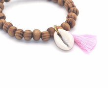 Load image into Gallery viewer, Wood Bead and Cowrie Shell Bracelet